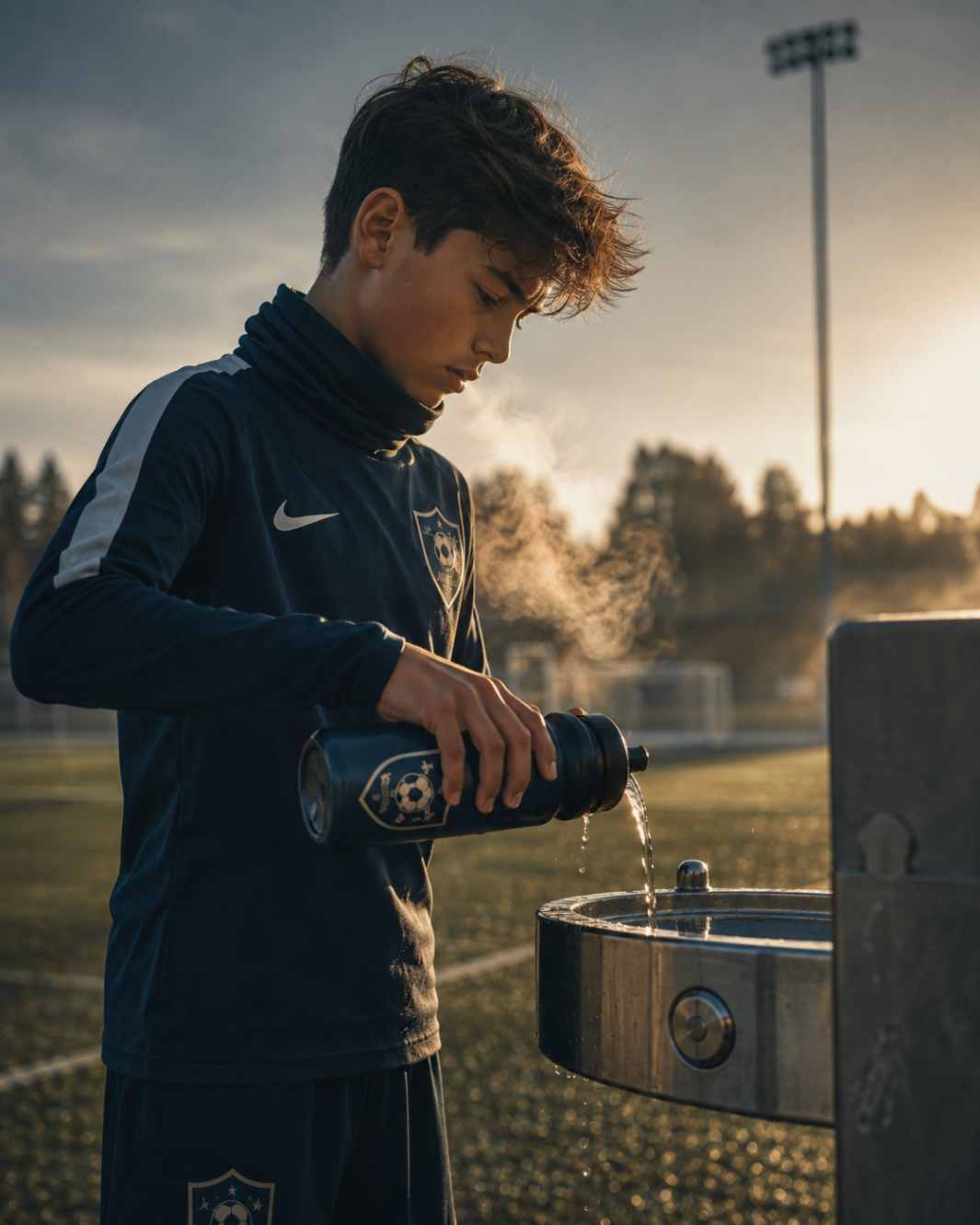 A youth soccer player refilling his water bottle at a pitchside fountain at sunrise