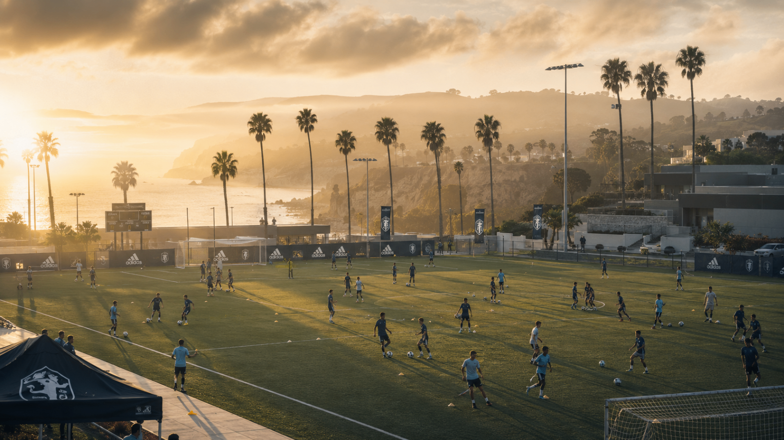 A full club training session underway on a coastal complex at sunset, with several age groups working on separate pitches