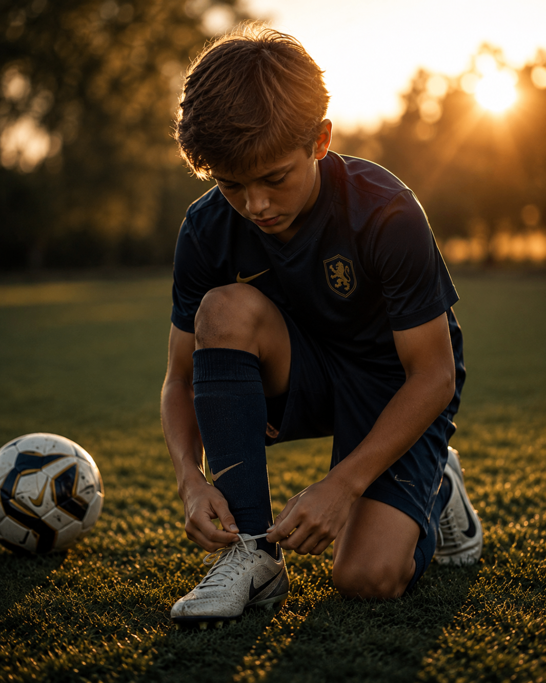A young soccer player kneeling on the pitch tying his boots at golden hour