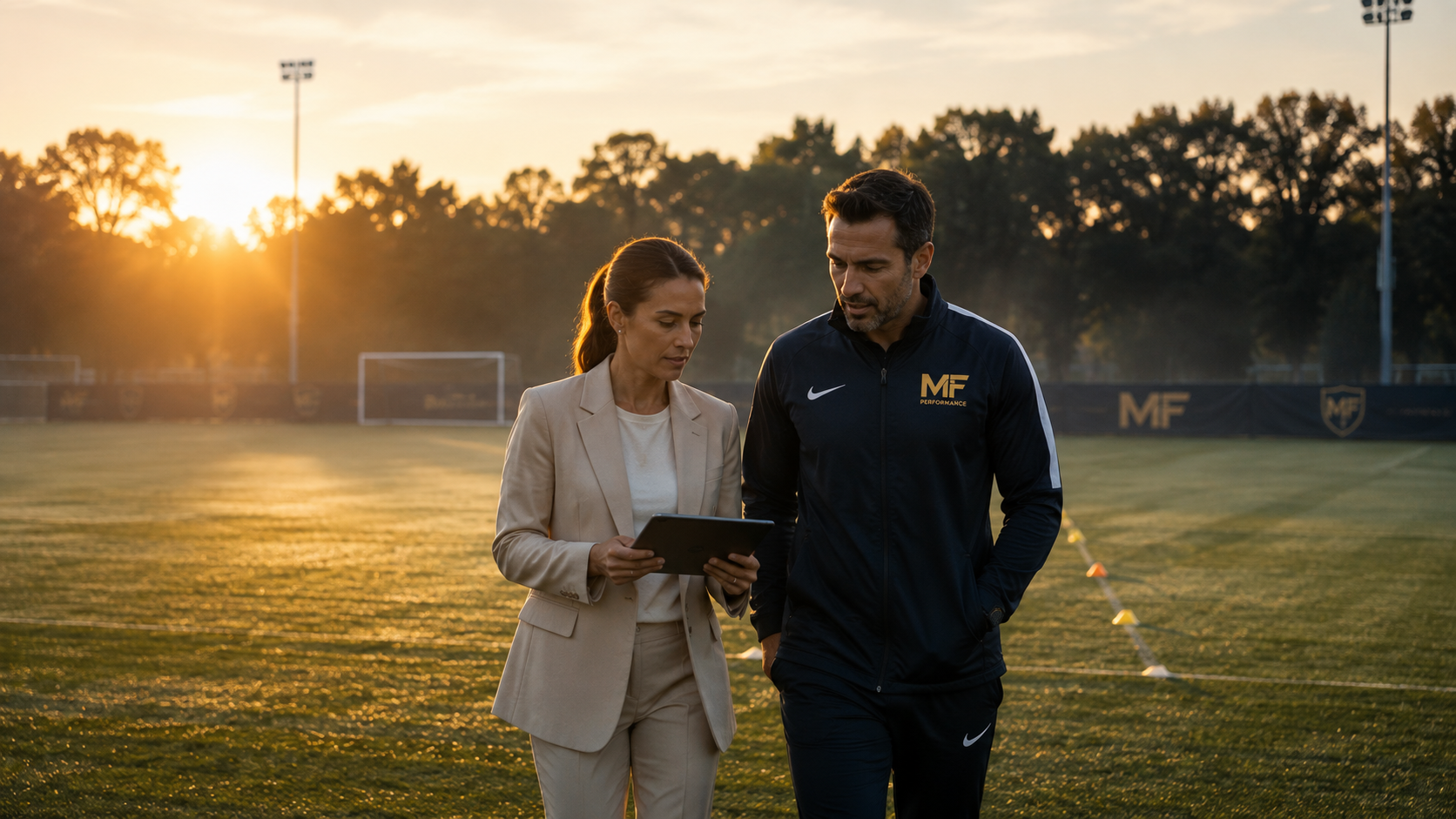 An MB USA consultant reviewing club performance data on a tablet with a head coach on the training pitch at sunrise