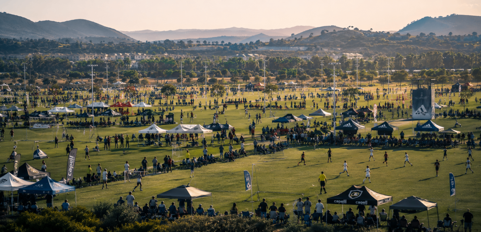 A large youth soccer tournament complex at golden hour with dozens of matches, team tents, and spectating families