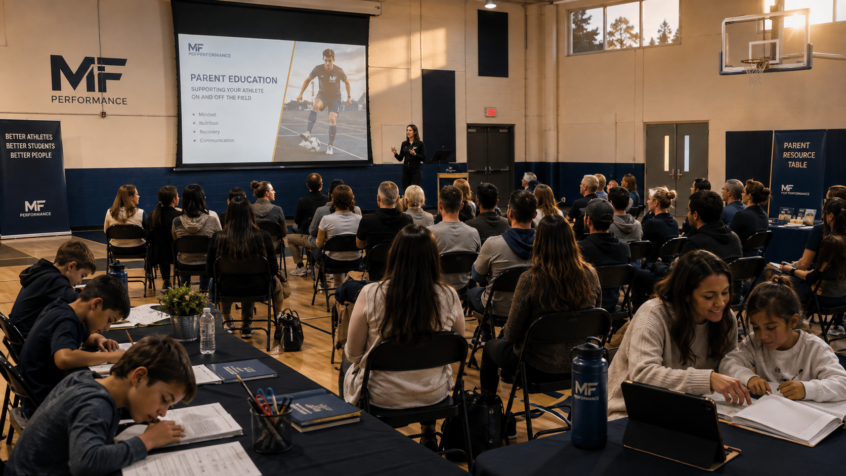 Mariela Frey presenting a parent education workshop on mindset, nutrition, recovery, and communication to families in a club gymnasium