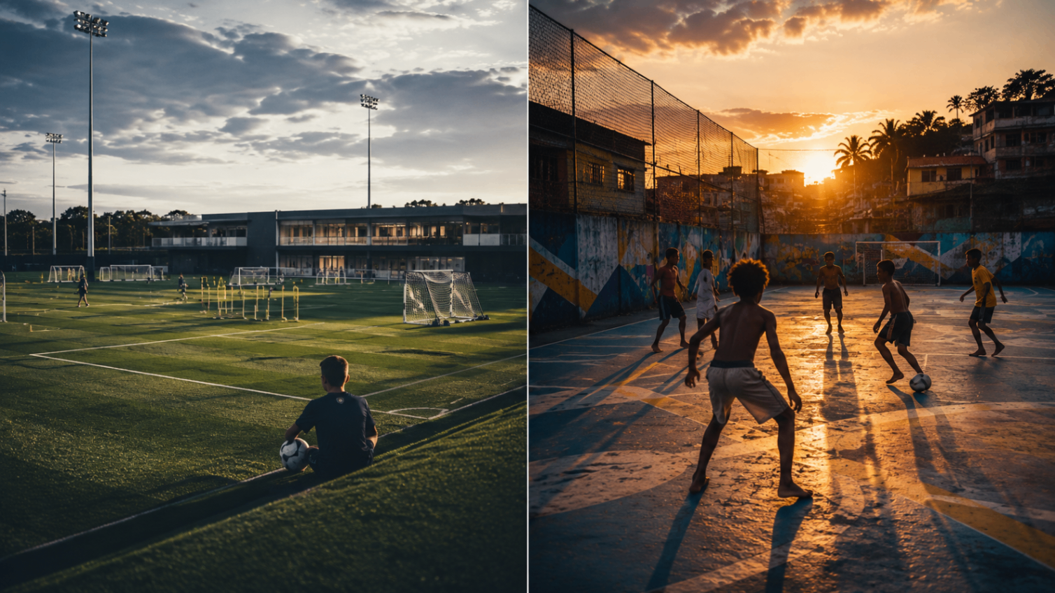 Split image contrasting an organised academy training complex at dusk with children playing street soccer at sunset in Brazil