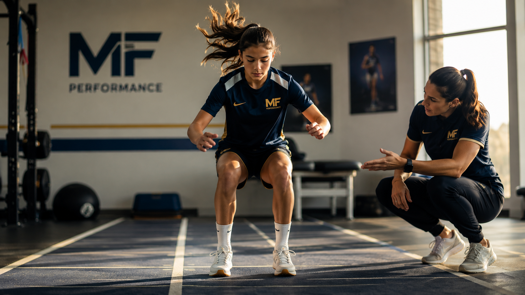A youth soccer athlete performing a jump-landing assessment while an MB USA performance professional coaches her technique