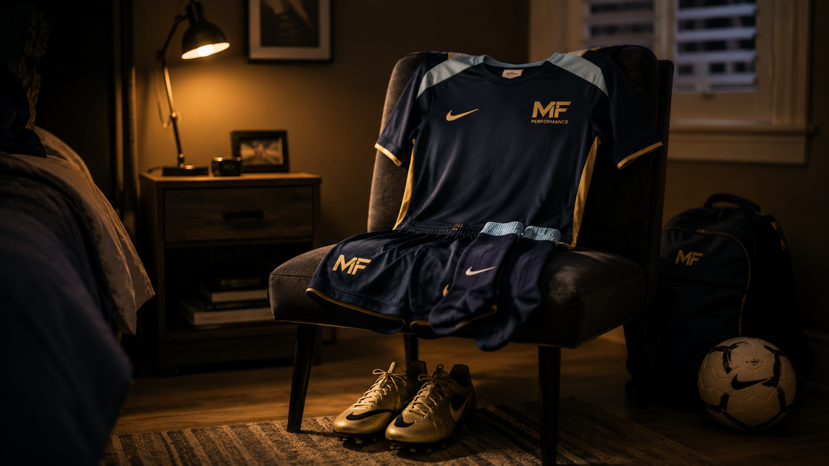 Navy and gold MB Performance matchday kit laid out on a chair the night before a game