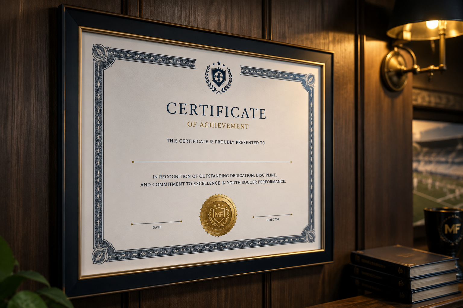 Framed MB Performance certificate of achievement recognising dedication and commitment to youth soccer performance