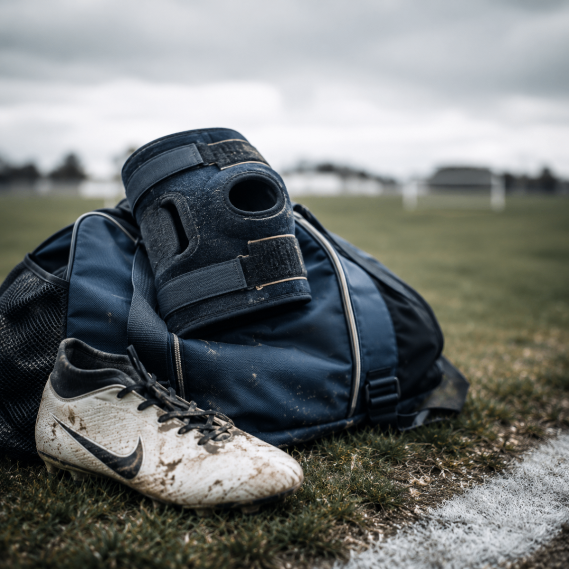 A navy kit bag, knee support brace, and muddy soccer boot resting on the touchline after training