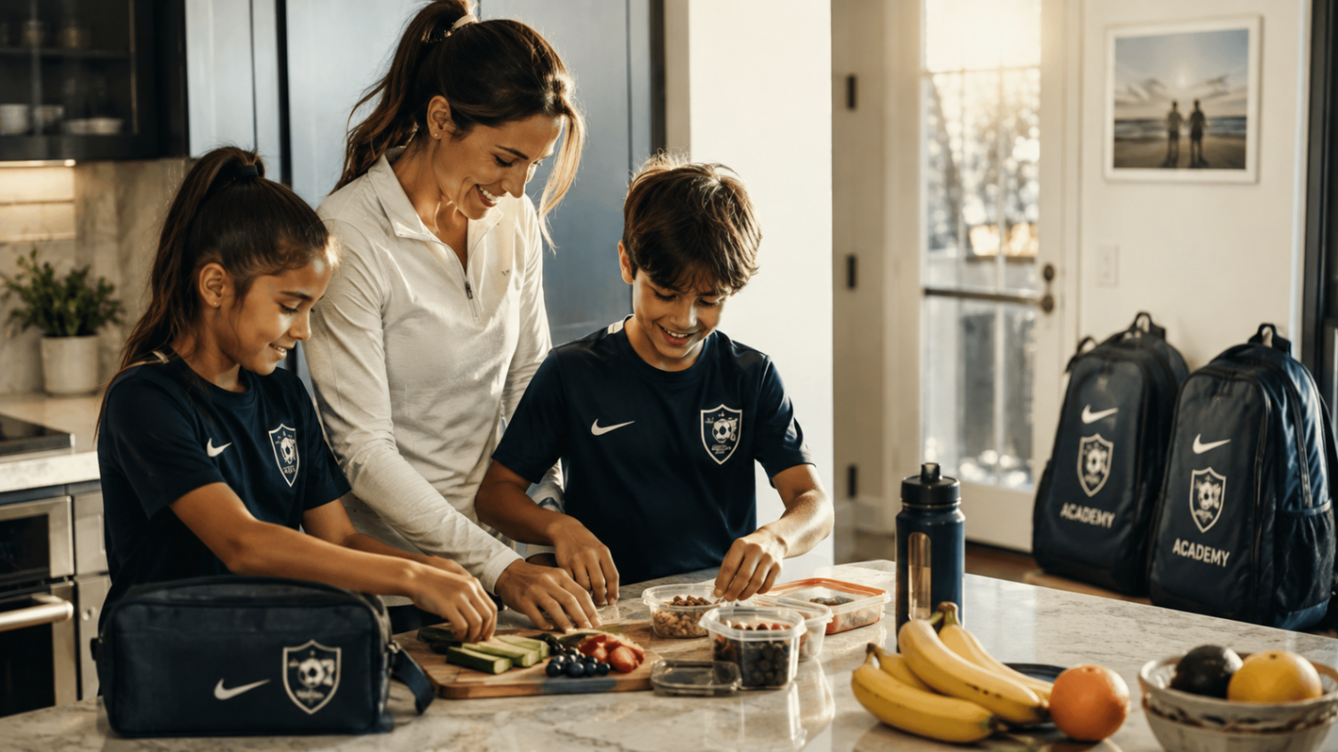 A parent preparing snacks and meal containers in the kitchen with two young soccer players before training